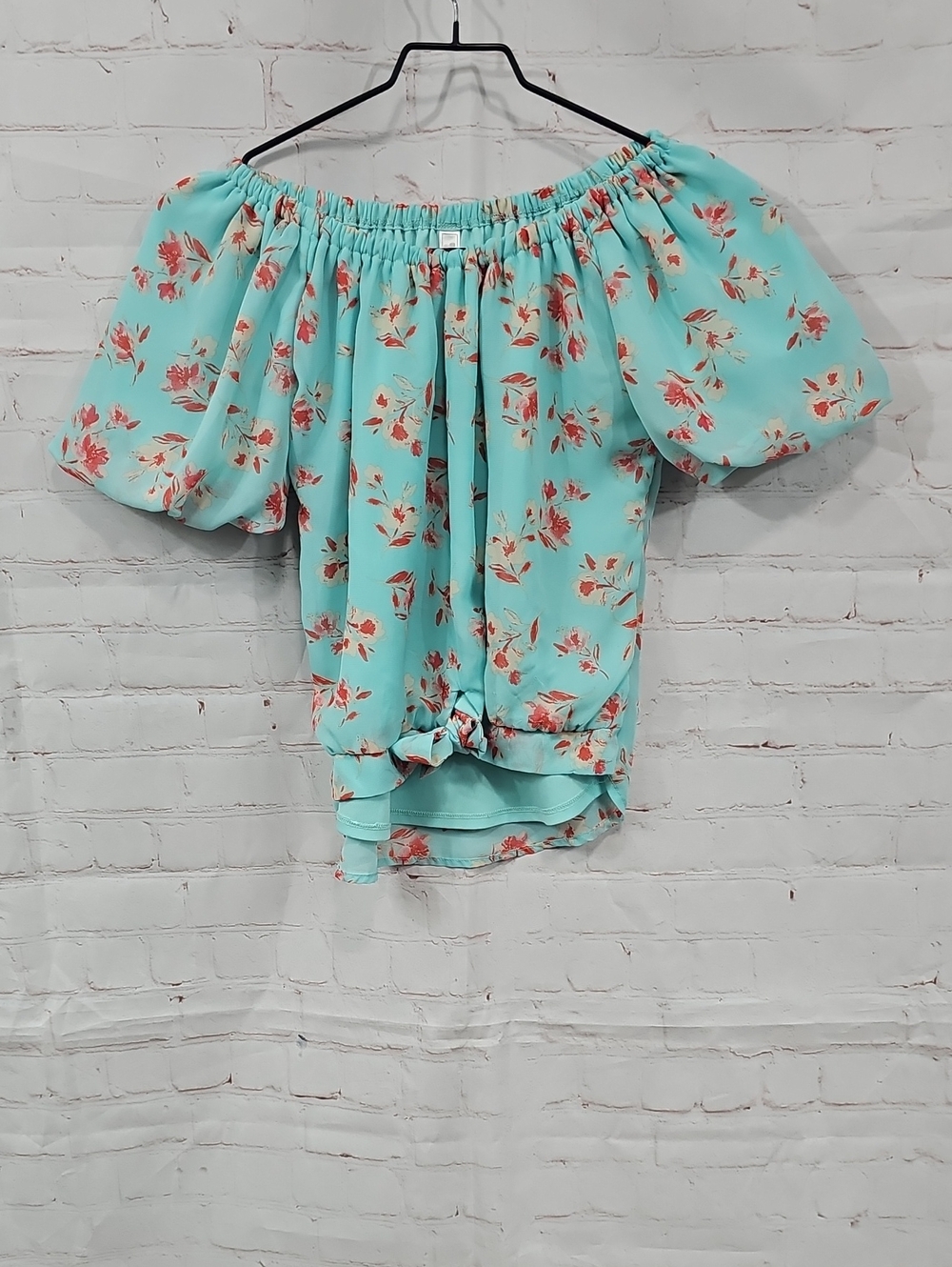 Beautees Mint Floral Off-Shoulder Tie Hem Blouse